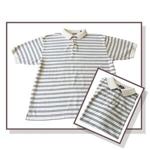 Haggar Golf Men's Cream Blue Stripes Short Sleeve Collared Polo Shirt Size XL